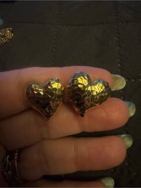 Handcrafted Hammered Heart Stud Earrings - Gold Tone Women Jewelry. Screw backs